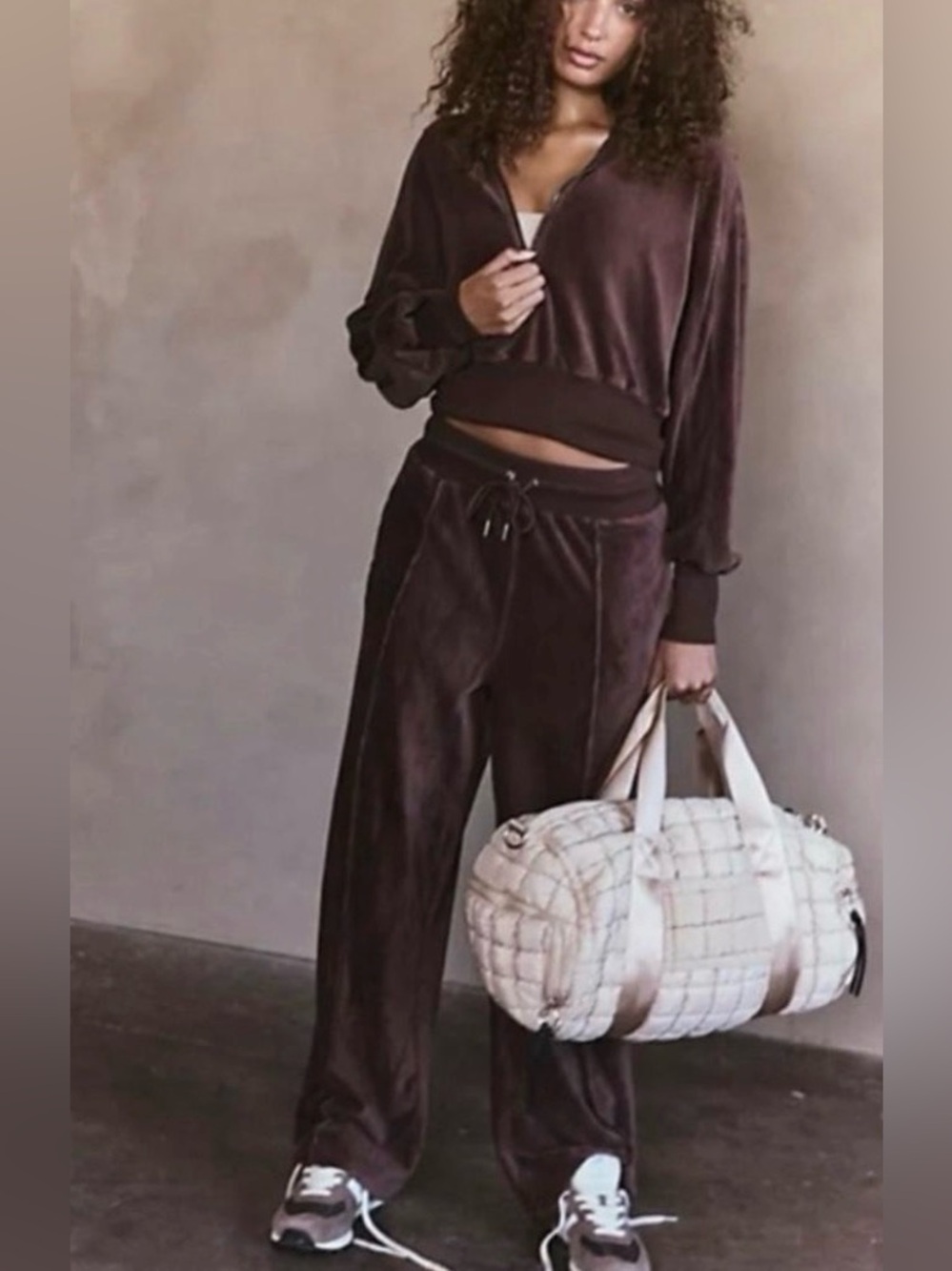 Free People Movement Let's Brown Volley Velour Set Hoodie Wide Leg Track Pants M